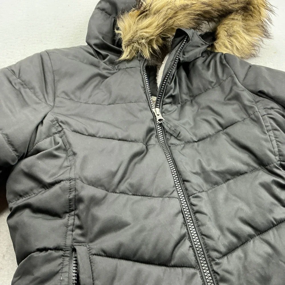 Lands' End Puffer Parka Faux Fur Hood Black Girl Small PrimaLoft Quilted Coat
